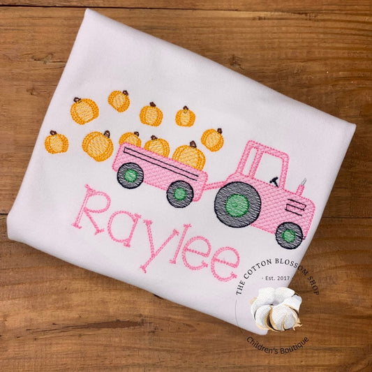Girls pumpkin patch shirt, pink monogrammed tractor shirt, pumpkin shirt