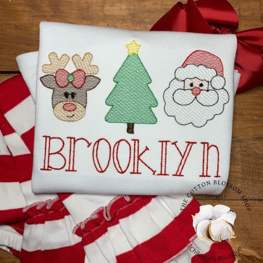 Girls Christmas shirt, reindeer, santa, christmas tree shirt, embroidered, applique shirt