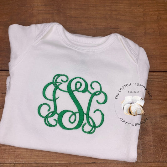 Monogrammed baby bodysuit - green, monogrammed baby girl outfit