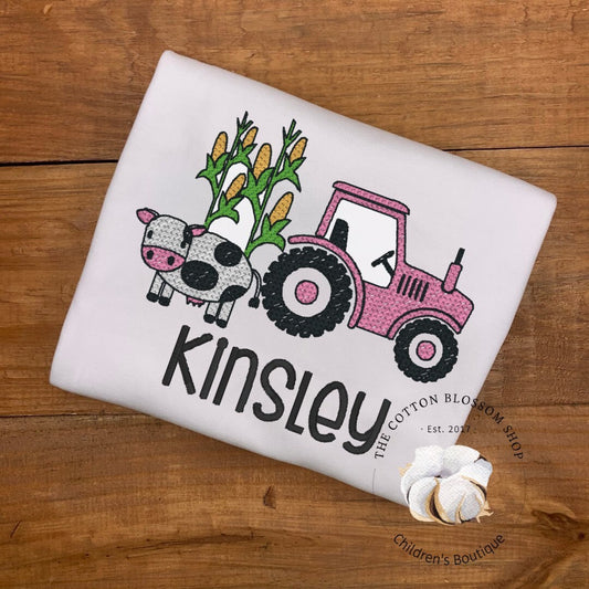 Girls pink tractor farm shirt, shirt, pink monogrammed tractor shirt, girls farm birthday shirt