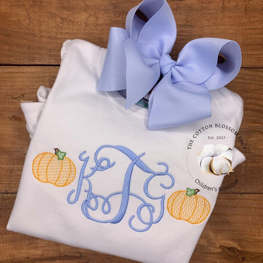 Girl's monogrammed pumpkin shirt, girls thanksgiving shirt, pumpkin shirt, fall outfit, halloween shirt, pumpkin shirt, monogrammed, blue