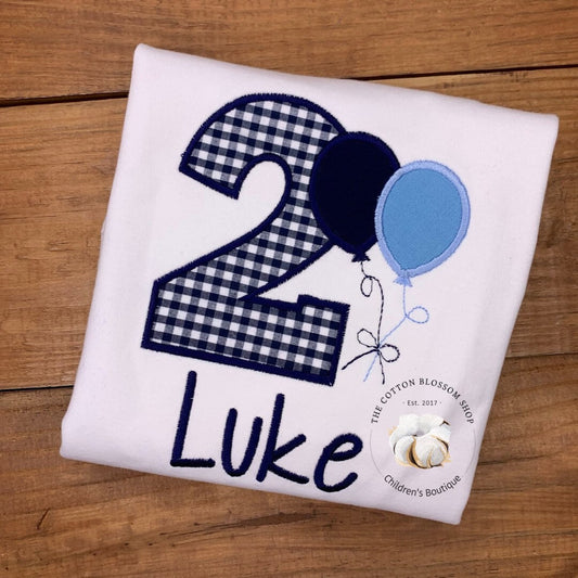 Boys 2nd Birthday Shirt, Boys balloons birthday shirt, 2nd birthday shirt, boys appliqué birthday shirt, shades of blue birthday shirt