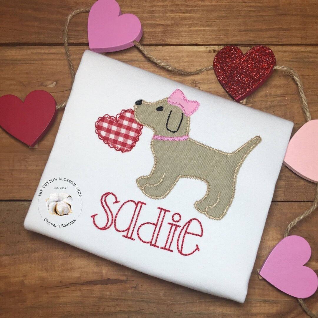 Girls puppy dog applique Valentine's Day, girls valentines day shirt, girls valentines dog shirt, appliqué shirt, girls valentines day shirt