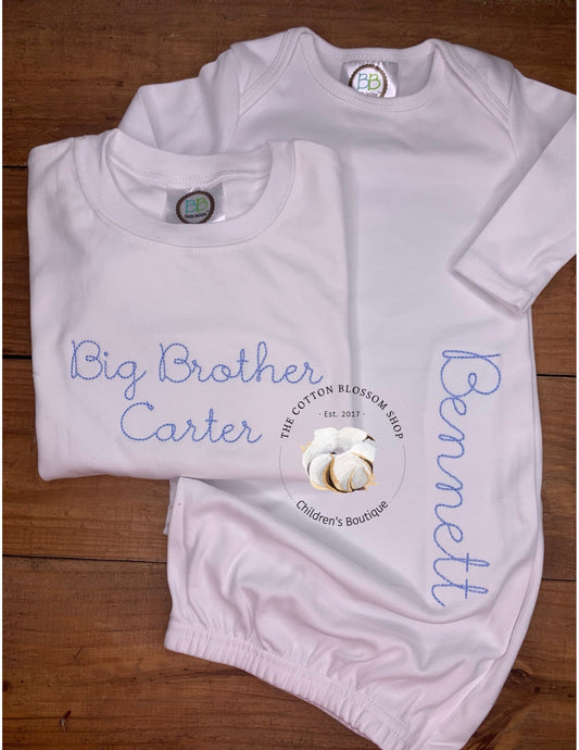 Baby boys coming home outfit, newborn baby gown, monogrammed baby outfit, big brother shirt, sibling set, brother matching set, heirloom