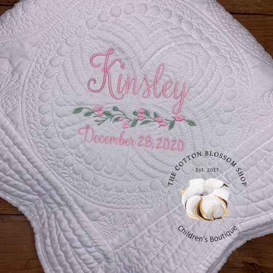 Baby girls heirloom blanket quilt, monogrammed, embroidered with birthday
