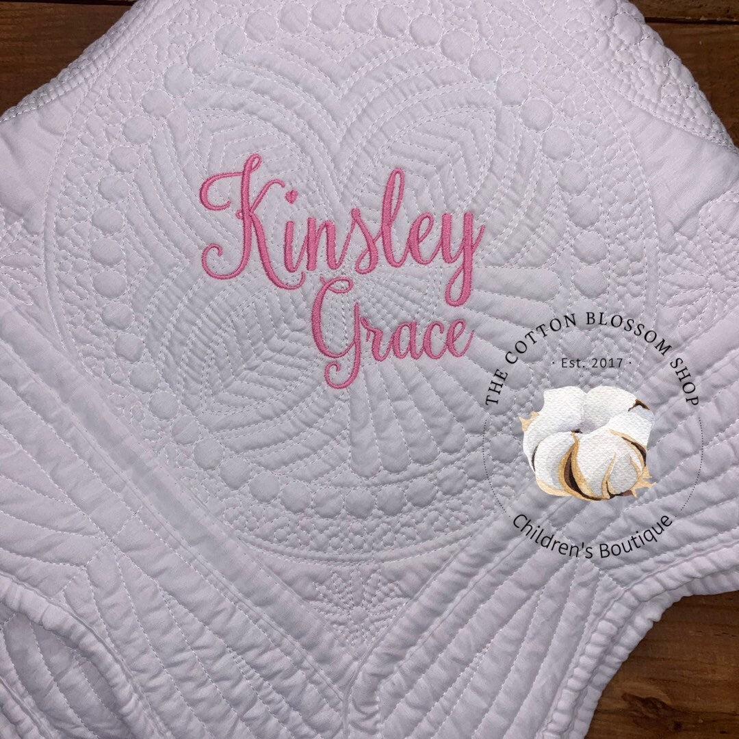 Baby girls heirloom blanket quilt, monogrammed, embroidered