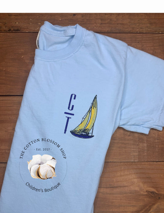 Boys sailboat shirt, monogrammed boat shirt, comfort colors shirt, chambray shirt