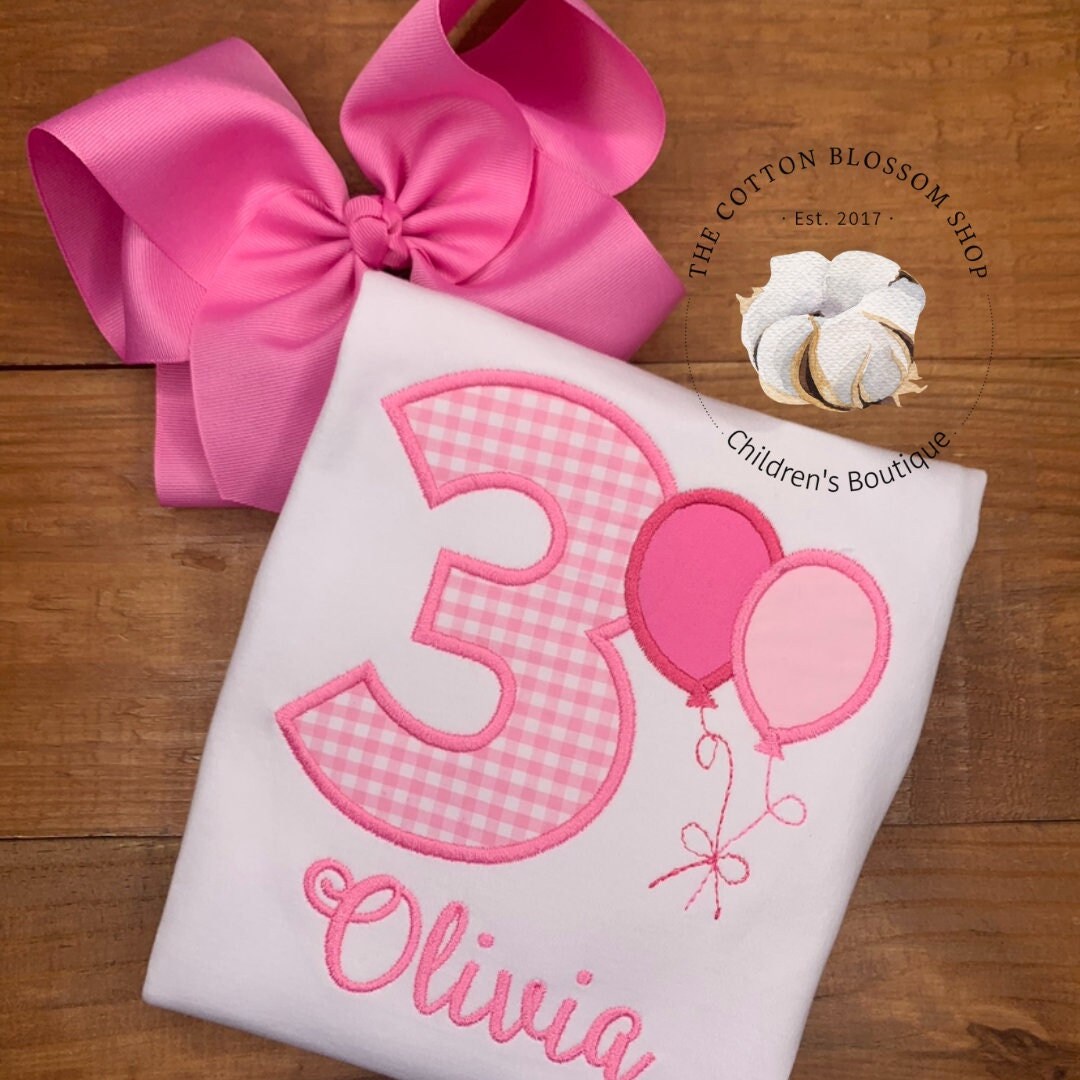 Girls 3rd birthday pink gingham birthday shirt, third birthday shirt, birthday balloons shirt