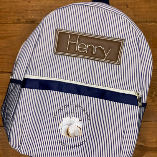 Boys preschool backpack, navy blue seersucker backpack, monogrammed backpack, monogrammed diaper bag,preschool backpack, faux leather patch