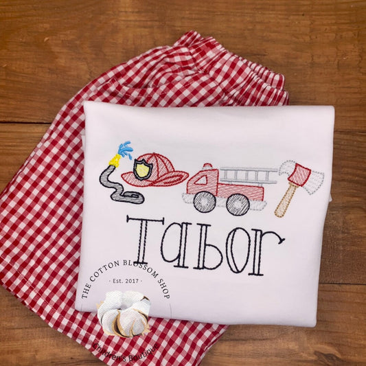 Boys firetruck monogrammed shirt, red gingham shorts, firetruck outfit