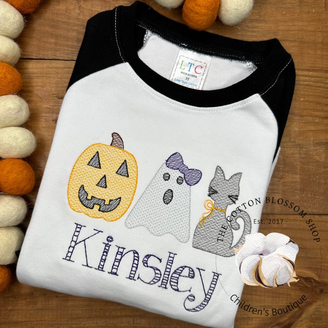 Girls Cute and Spooky Sketch Halloween Shirt, Ruffle raglan