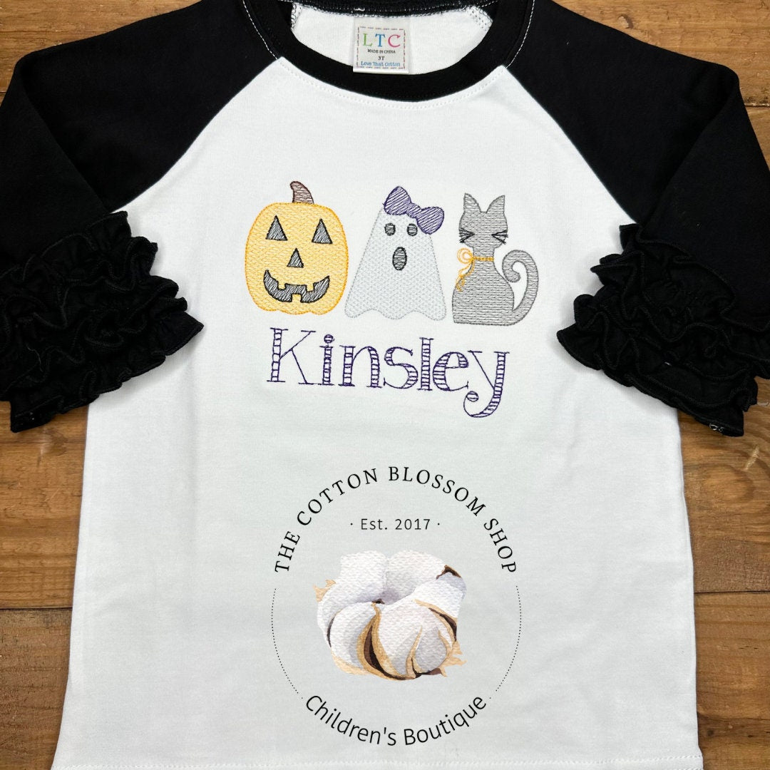 Girls Cute and Spooky Sketch Halloween Shirt, Ruffle raglan