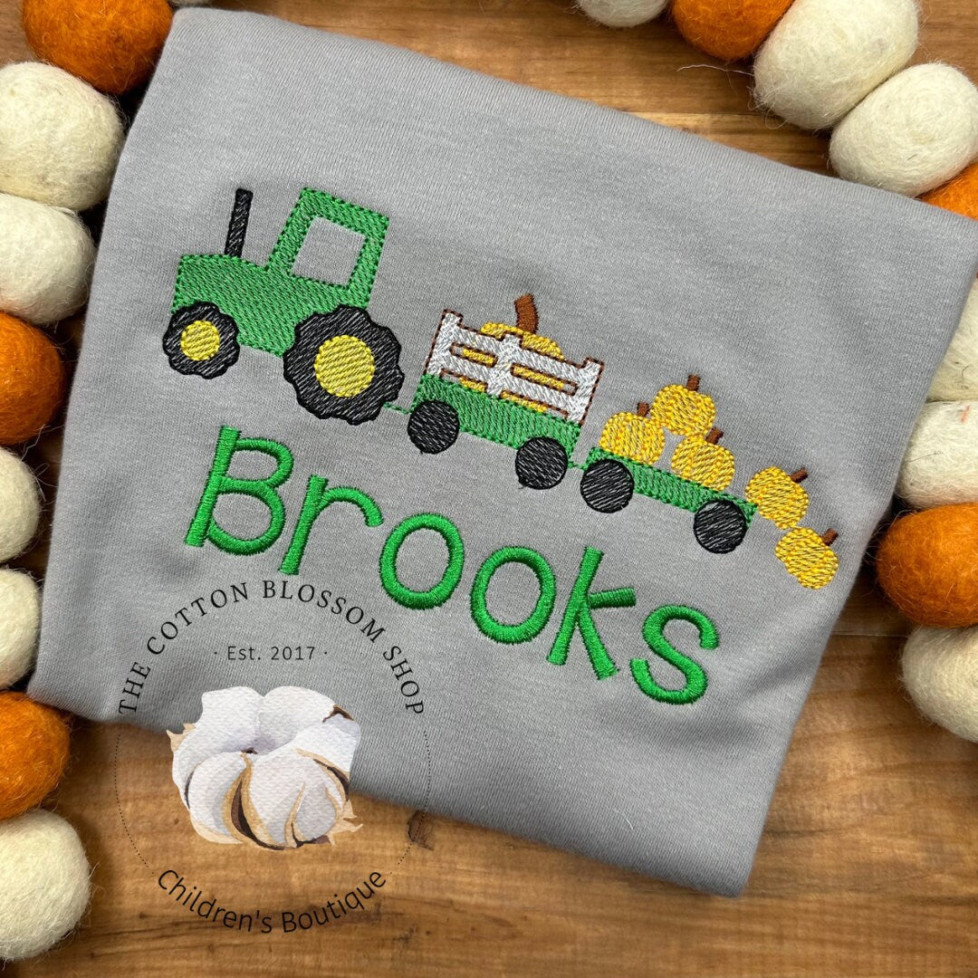 Boys Tractor with Pumpkins Shirt, gray shirt